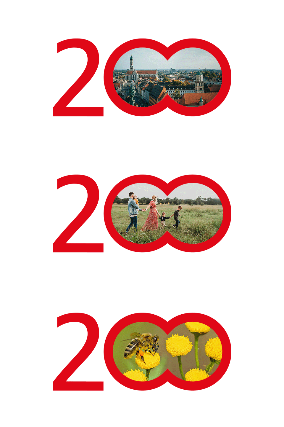 Drei Logos in der Form einer 200 untereinander. Die Nullen der 200 Formen ein Fernglas. In jedem der Logos befindet sich ein Bild. Ein Blick auf Augsburg. Eine Familie auf einer Wiese. Eine Biene auf einer gelben Blume. Stadtspaarkasse Augsburg BRANDSTAGE Design